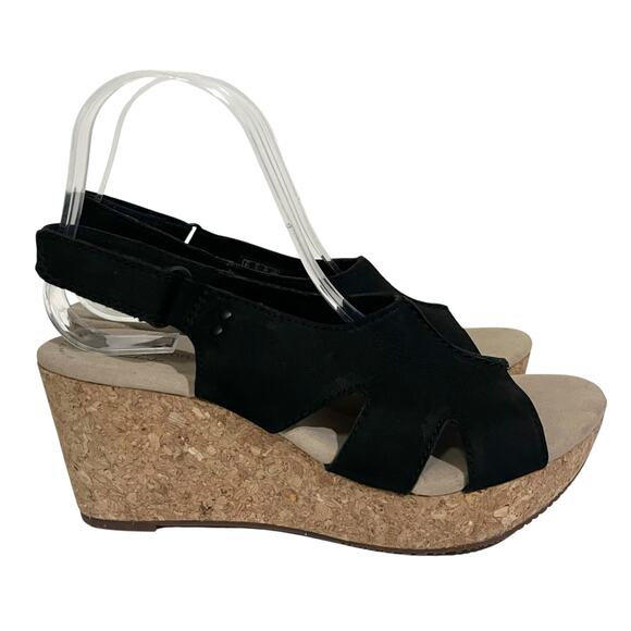 Clarks Women Annadel Bari Sandal Size 9 M Black Leather Cork Wedge Heel Platform - Picture 5 of 9